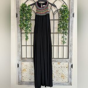 Indigo & Rose Black Maxi Dress w/ Colorful Embroidery Beaded Neckline Size Small